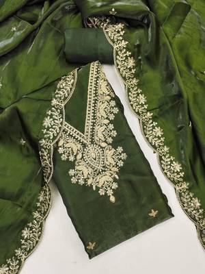 green jimmychoo silk with sequence embroidery work unstitched dress material 2