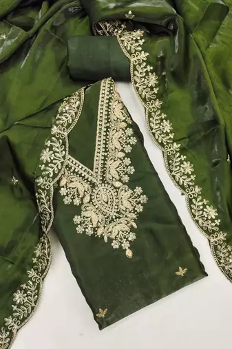 green jimmychoo silk with sequence embroidery work unstitched dress material