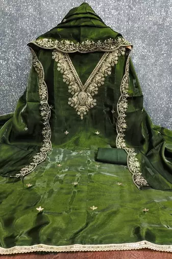 green jimmychoo silk with sequence embroidery work unstitched dress material