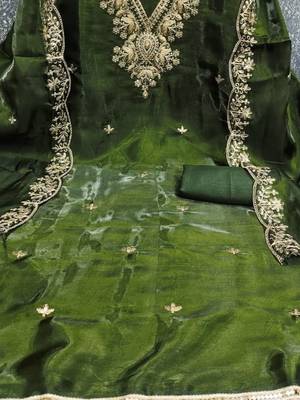 green jimmychoo silk with sequence embroidery work unstitched dress material 4