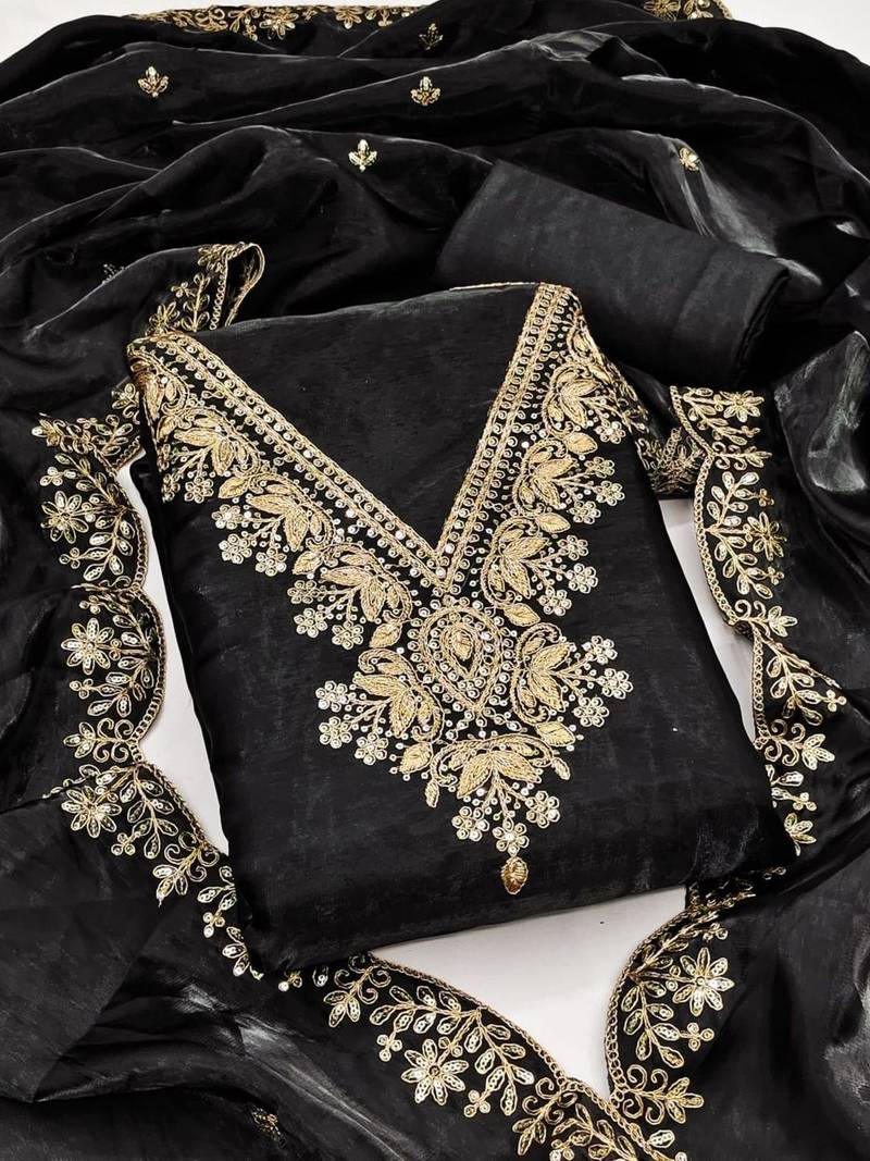 Black JimmyChoo Silk With Sequence Embroidery Work Unstitched Dress Material