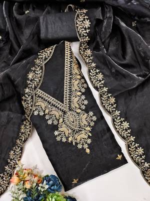 black jimmychoo silk with sequence embroidery work unstitched dress material 2