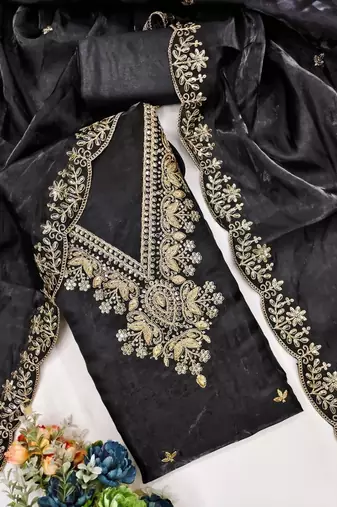 black jimmychoo silk with sequence embroidery work unstitched dress material