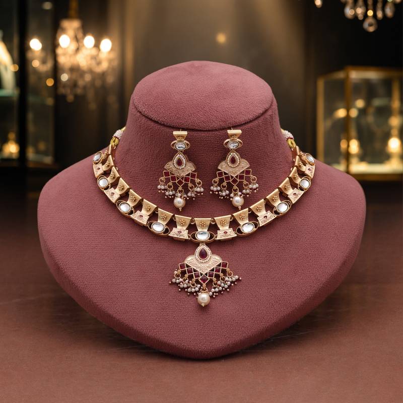 Soft blush pink color matte gold necklace set accompanied by dangle earrings
