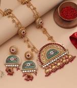 Vibrant rani color matte gold necklace set paired with dangle earrings