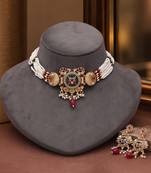 Charming soft pink color matte gold necklace set accompanied by dangle earrings