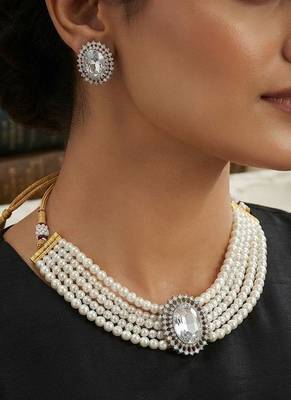Pristine diamond white color stone necklace set styled for formal evening parties 2