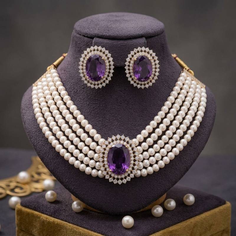 Regal imperial purple color stone necklace set crafted specially for special events