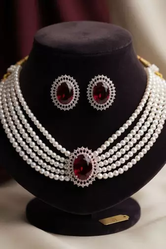 Classic ruby red color stone necklace set created specially for wedding guests