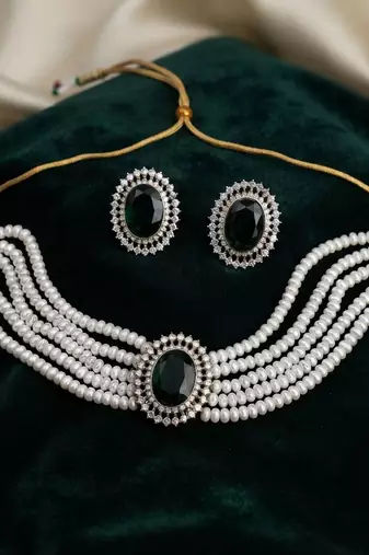 Rich forest green color stone necklace set tailored specially for ethnic sarees