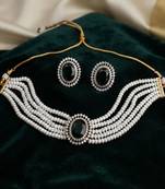 Rich forest green color stone necklace set tailored specially for ethnic sarees
