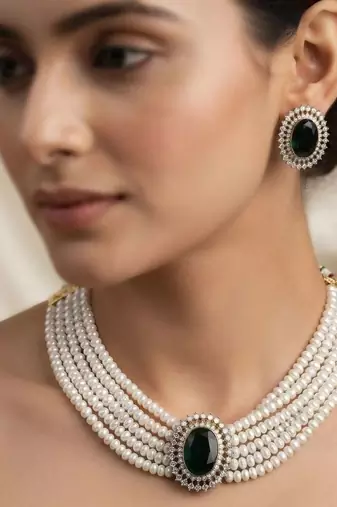 Rich forest green color stone necklace set tailored specially for ethnic sarees