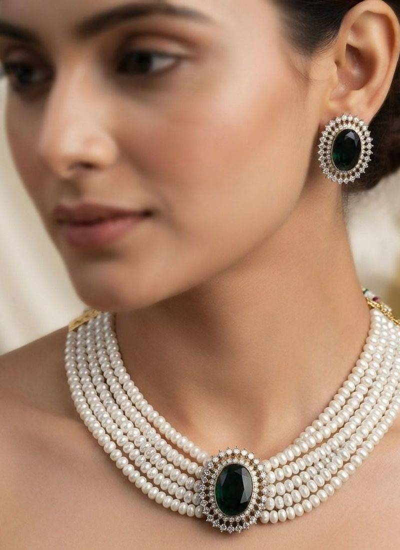 Rich forest green color stone necklace set tailored specially for ethnic sarees