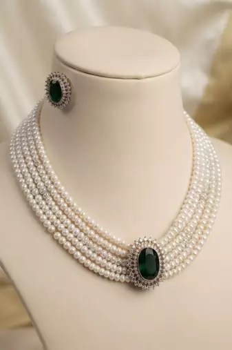 Rich forest green color stone necklace set tailored specially for ethnic sarees