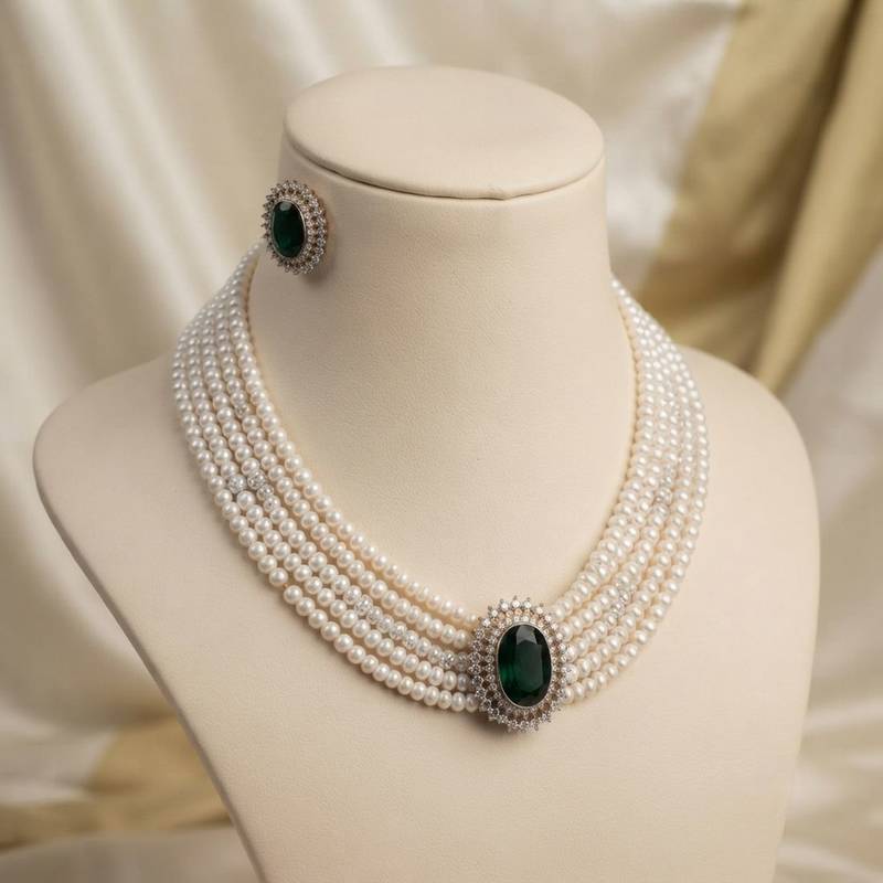 Rich forest green color stone necklace set tailored specially for ethnic sarees