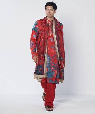 Tabasco red floral printed crepe kurta pant with dupatta stole 1