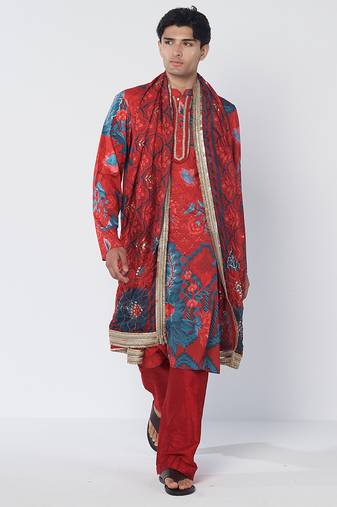 Tabasco red floral printed crepe kurta pant with dupatta stole