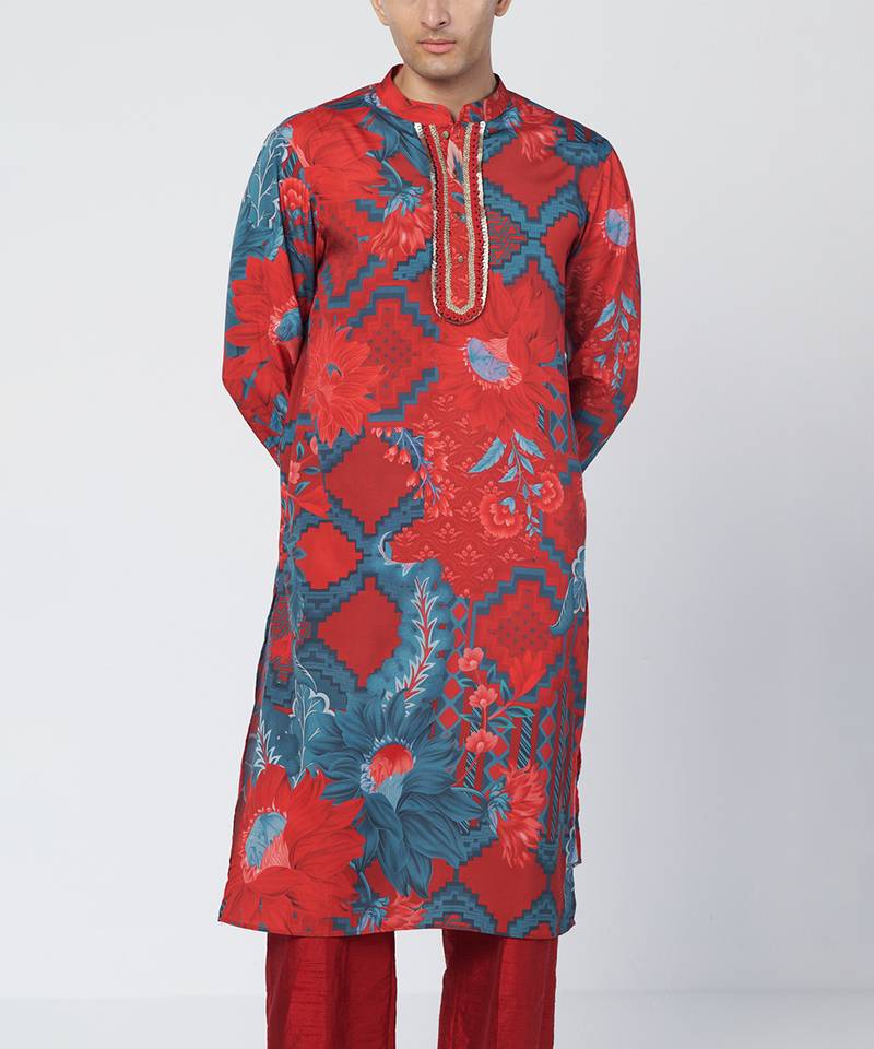 Tabasco red floral printed crepe kurta pant with dupatta stole
