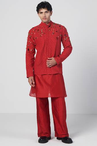 Tabasco red embroidered cotton jute kurta jacket set