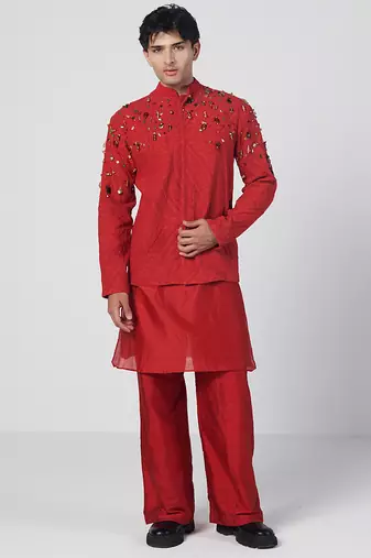 Tabasco red embroidered cotton jute kurta jacket set
