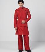 Tabasco red embroidered cotton jute kurta jacket set