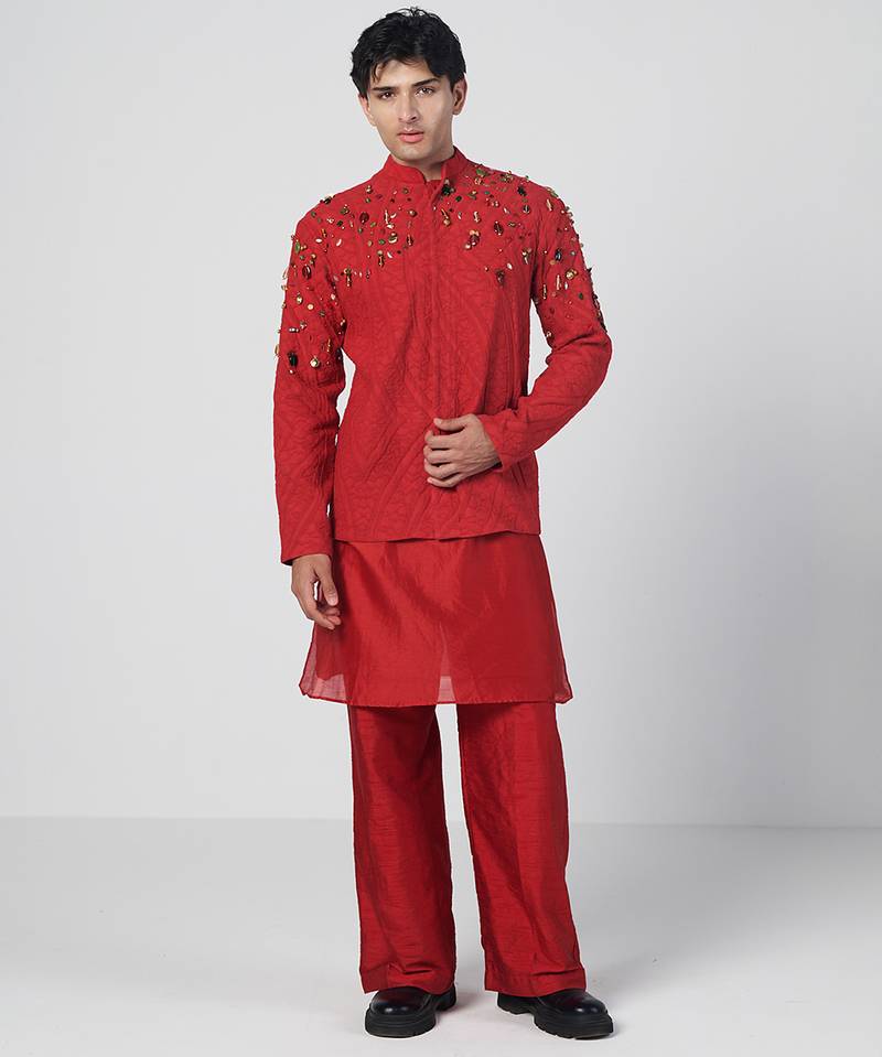 Tabasco red embroidered cotton jute kurta jacket set