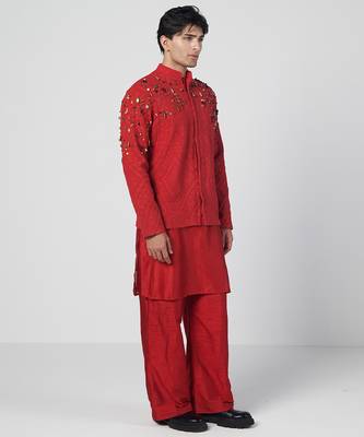 Tabasco red embroidered cotton jute kurta jacket set 2