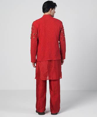 Tabasco red embroidered cotton jute kurta jacket set 3