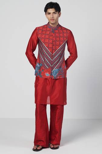 Tabasco red embroidered crepe and silk chanderi kurta jacket set