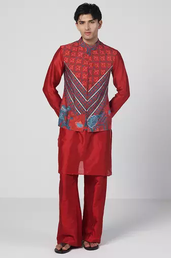 Tabasco red embroidered crepe and silk chanderi kurta jacket set