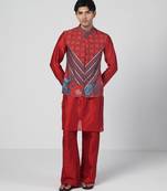 Tabasco red embroidered crepe and silk chanderi kurta jacket set