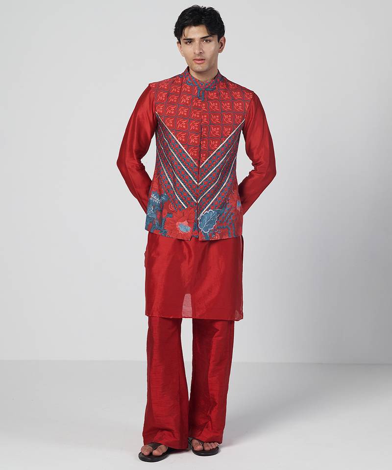 Tabasco red embroidered crepe and silk chanderi kurta jacket set