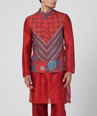 Tabasco red embroidered crepe and silk chanderi kurta jacket set 2