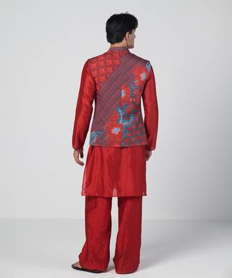 Tabasco red embroidered crepe and silk chanderi kurta jacket set 3