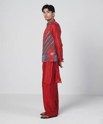 Tabasco red embroidered crepe and silk chanderi kurta jacket set 4