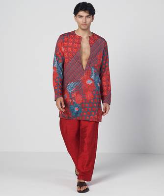 Tabasco red printed crepe and dupion silk kurta pant set 1