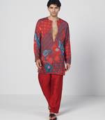 Tabasco red printed crepe and dupion silk kurta pant set