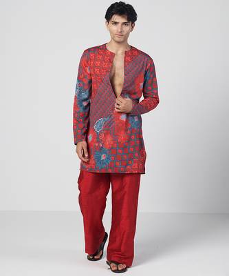 Tabasco red printed crepe and dupion silk kurta pant set 3