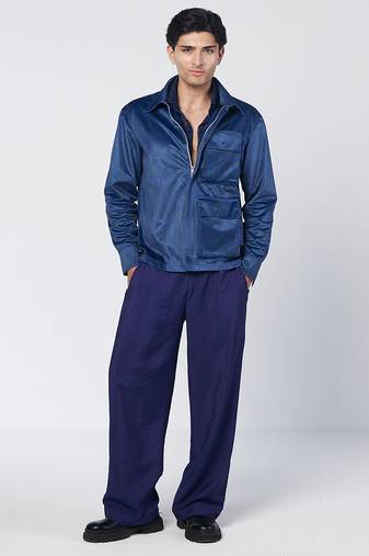 Blue chanderi silk and organza shirt and pant set with jacket