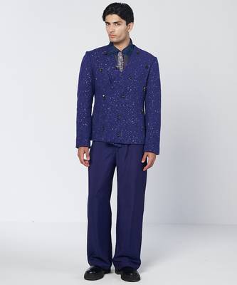 Blue embroidered thick jute and organza coat set 1