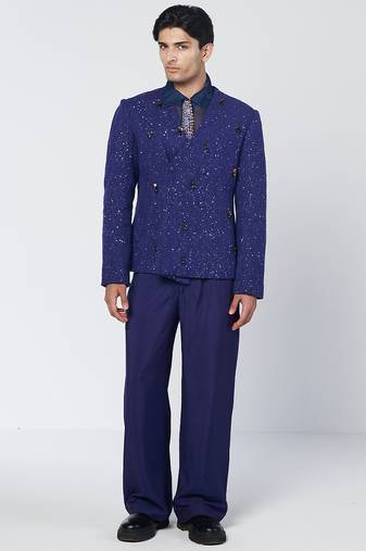 Blue embroidered thick jute and organza coat set