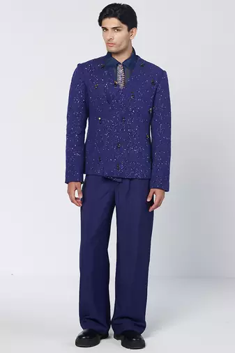 Blue embroidered thick jute and organza coat set