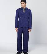 Blue embroidered thick jute and organza coat set