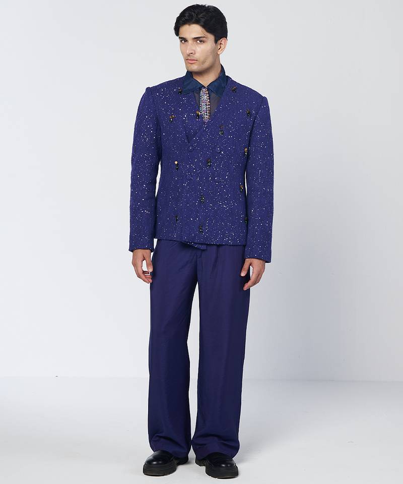 Blue embroidered thick jute and organza coat set