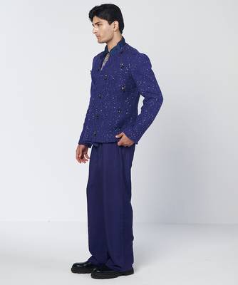 Blue embroidered thick jute and organza coat set 2