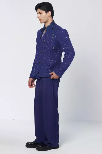 Blue embroidered thick jute and organza coat set