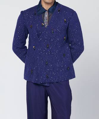 Blue embroidered thick jute and organza coat set 3