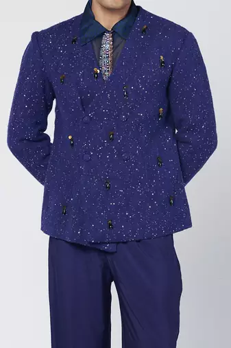 Blue embroidered thick jute and organza coat set