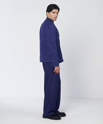 Blue embroidered thick jute and organza coat set 4