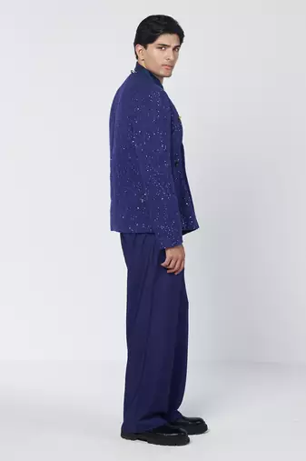 Blue embroidered thick jute and organza coat set